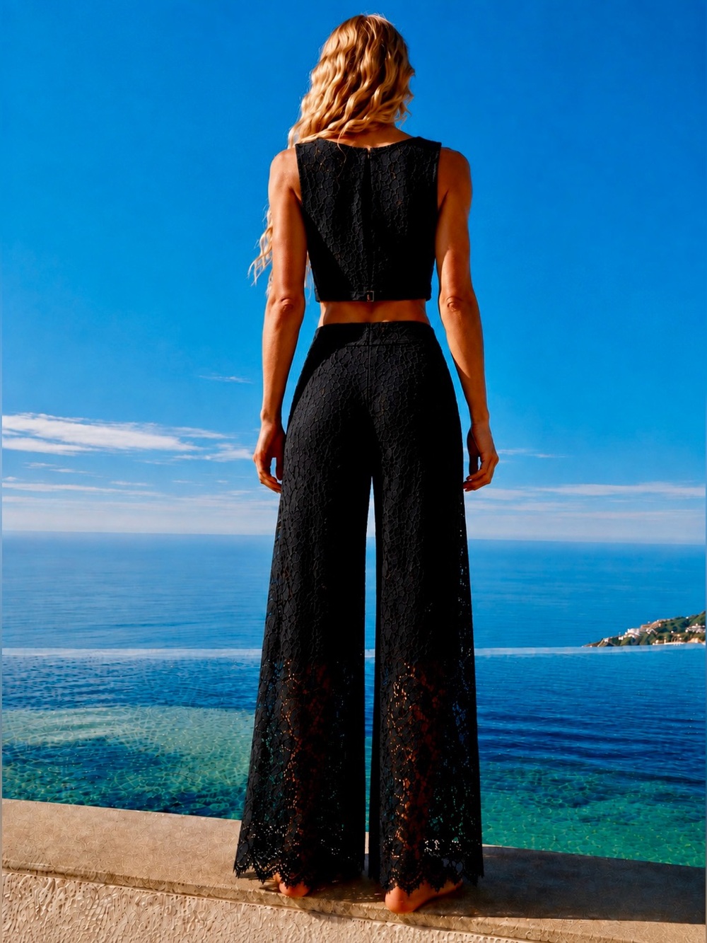 Dolce & Gabbana Matching Eyelet Lace Open Back Crop Top Wide Leg Pants - Picture 2 of 9